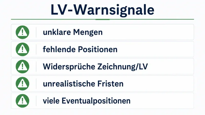 Liste typischer Warnsignale im Leistungsverzeichnis vor der Preisbildung