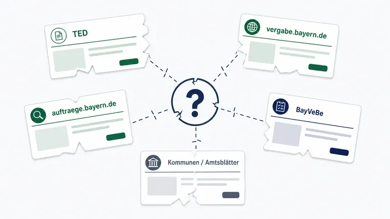 Schema der fragmentierten Vergabeportale in Bayern ohne zentrales Register