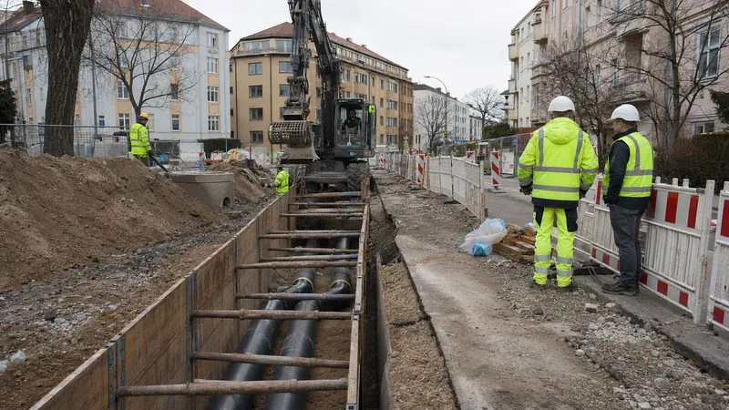 Rohrleitungsbau für Fernwärme an einer städtischen Straße mit Baustellenabsperrung